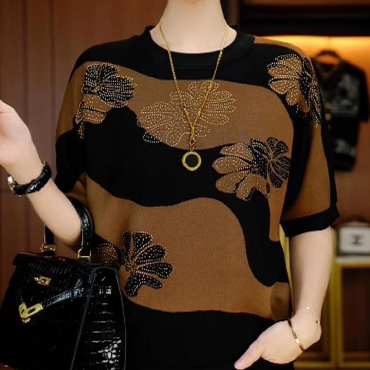 2025夏季新款短袖套头烫钻圆领针织衫中年妈妈装女装宽松大码上衣