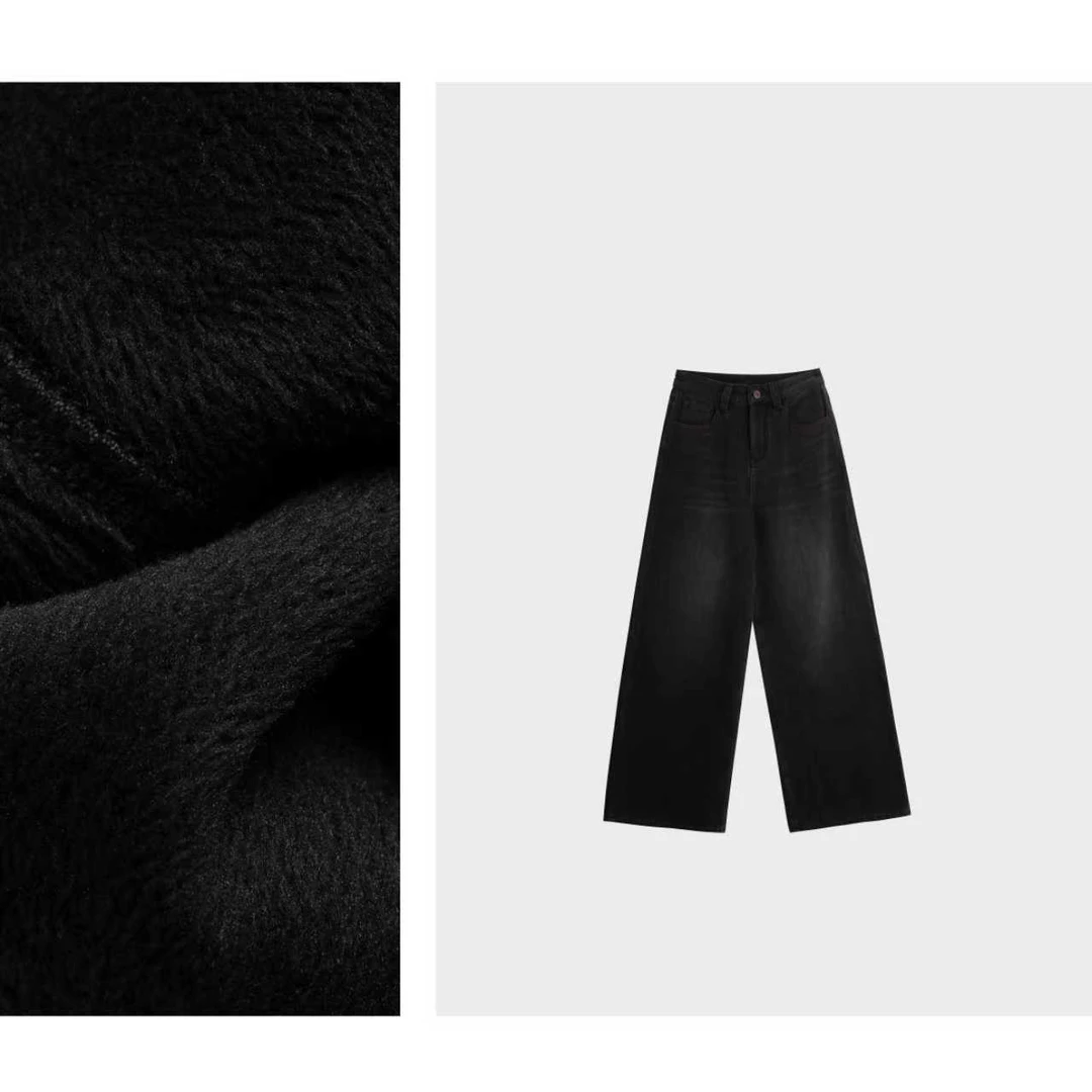 6200【黑唱片】黑色加厚加绒牛仔裤女高腰直筒裤窄版阔腿裤奶奶裤