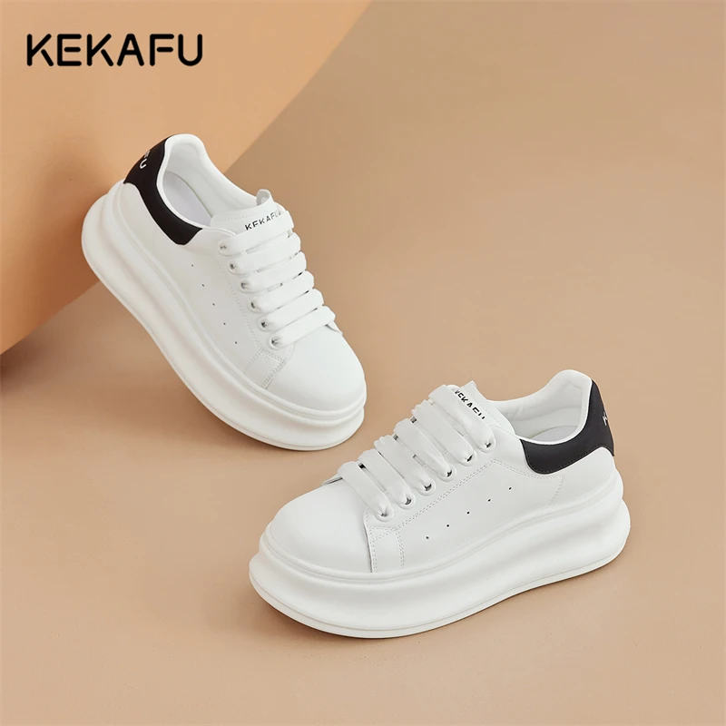 珂卡芙小白鞋女鞋2025春季新款时尚休闲简约平底高跟系带圆头鞋女