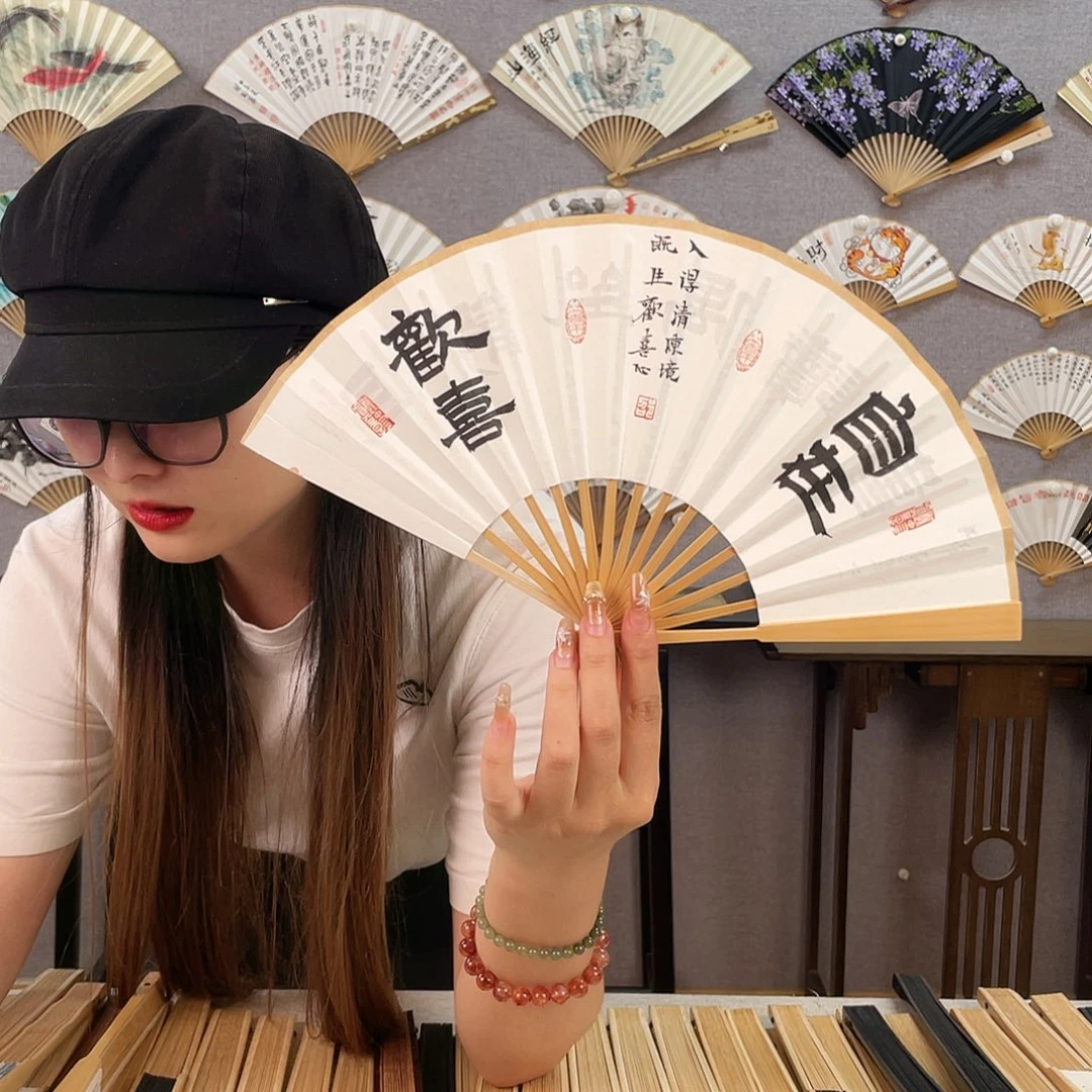 国画6寸玉竹-纯手绘-文玩扇骨(默认粘好)