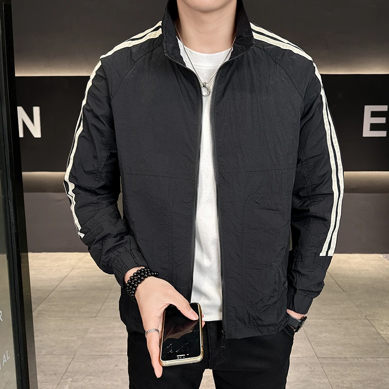 冰丝凉感防晒衣男夏季速干轻薄夹克立领防紫外线条纹外套痞帅衣服