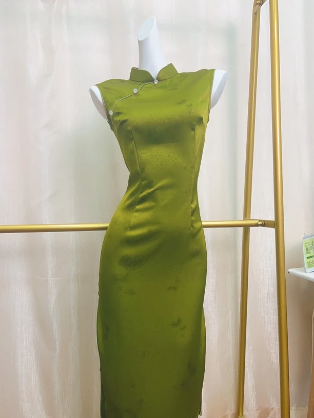 V-3160  俏绿蝶 蔟酸直喷 无袖国风夏款年轻款改良旗袍120cm长款