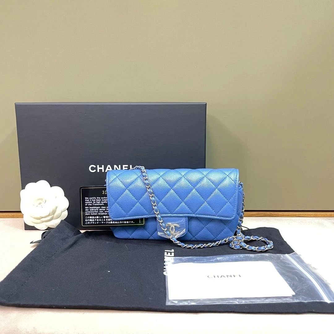 95新 Chanel/香奈儿 31开有卡柏林蓝荔枝纹牛皮CF mini