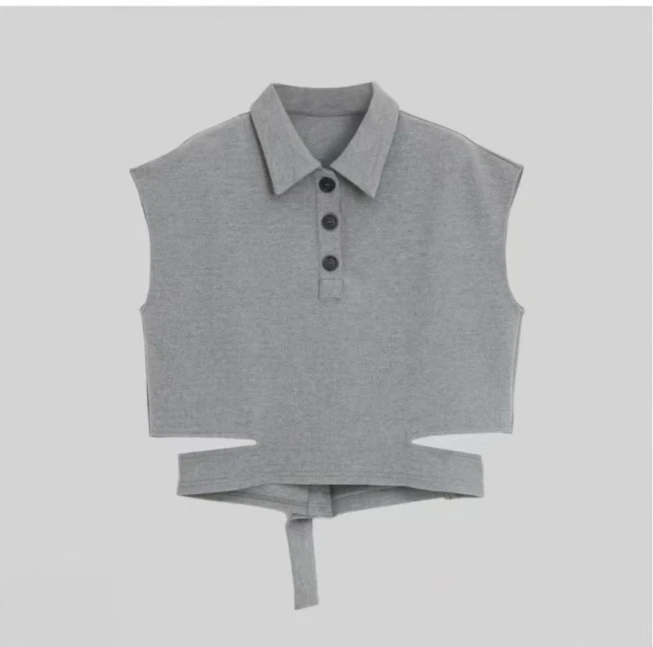 2025夏季新款时尚镂空POLO领灰色恤女生洋气休闲百搭显瘦无袖上衣