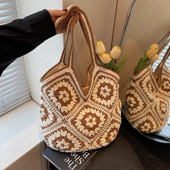 新款手工编织毛毡镂空单肩包民族风大容量百搭毛线简约百搭斜跨包