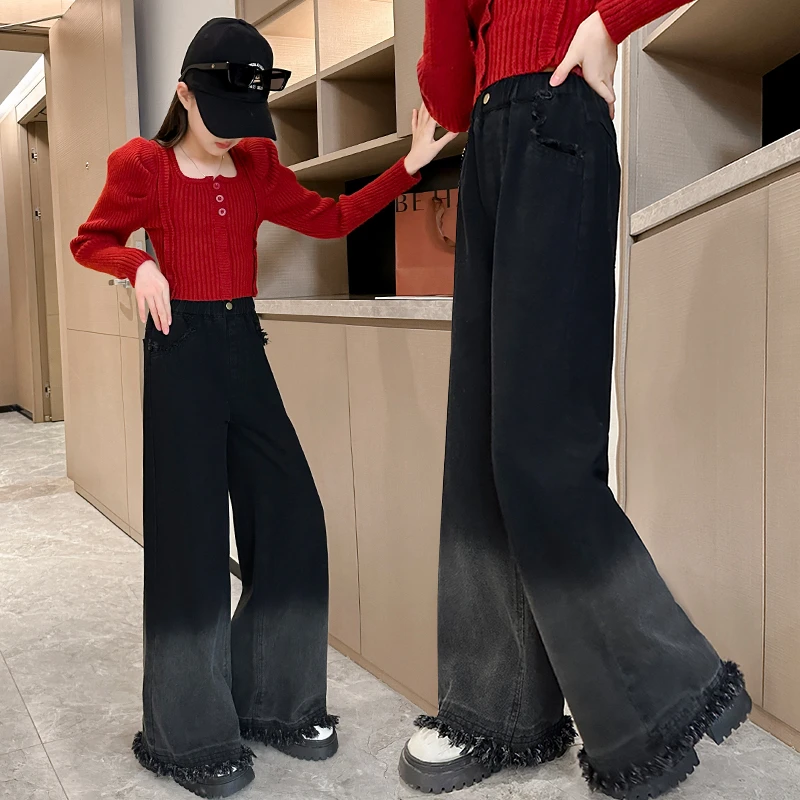 女童牛仔裤阔腿春秋季儿童中大童裤子新款2025爆款直筒时尚小女孩