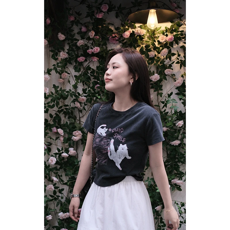 【功夫小猫】炒色做旧深灰色卡通动物图案T恤短袖深圳货