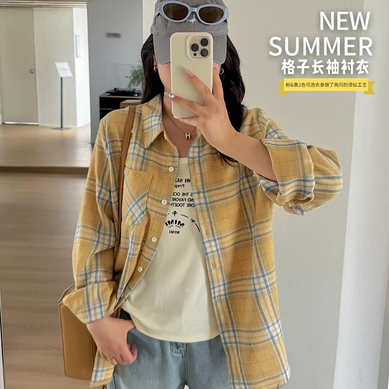 【霏霏推荐】2025春季新款大码女装200斤胖mm格子长袖衬衣-8809
