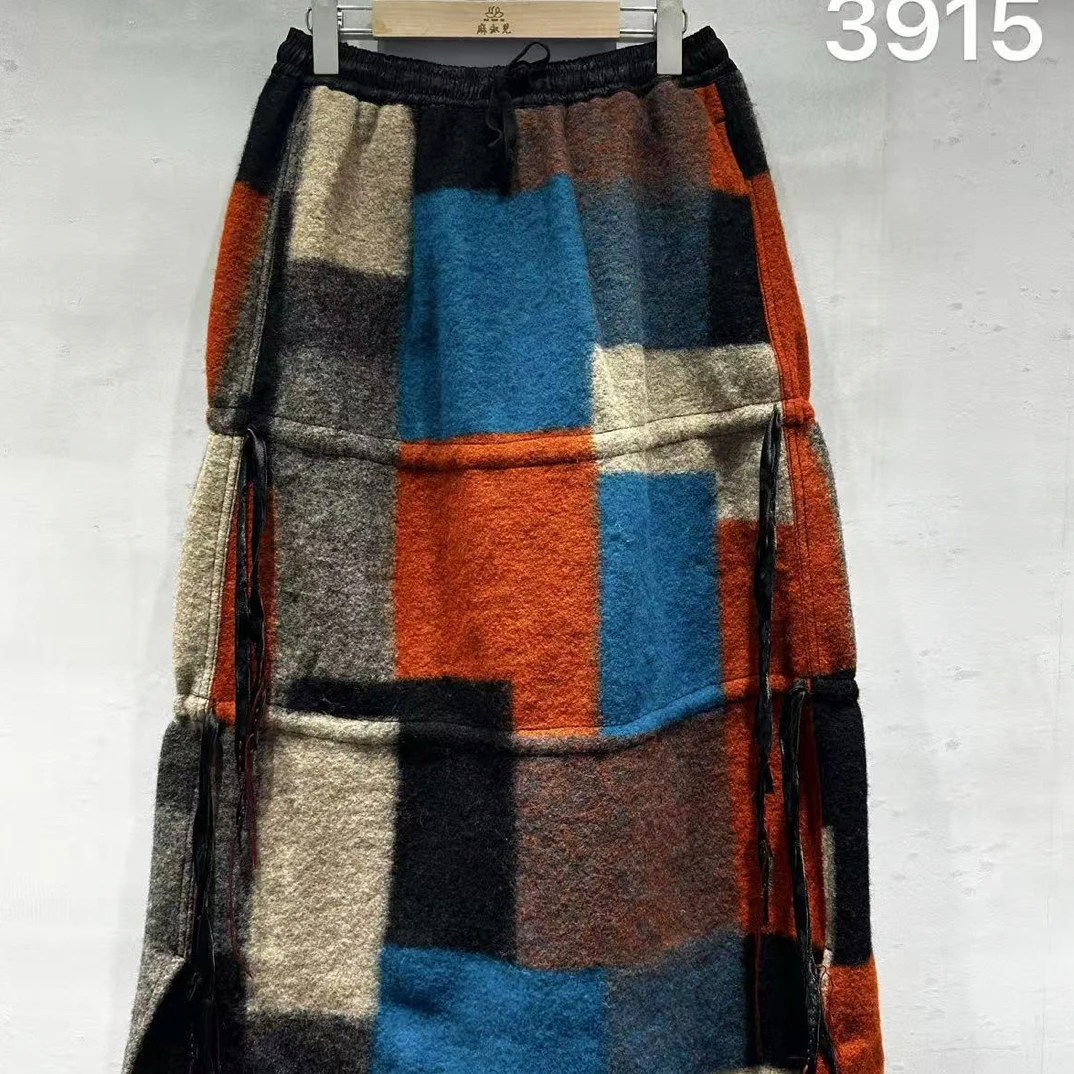 3915艺术复古格纹抽绳半裙 裙长90左右自制无吊牌介意慎拍