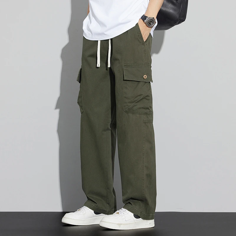 2025春季潮牌拼接纯棉工装裤男士欧美宽松百搭多口袋直筒休闲长裤