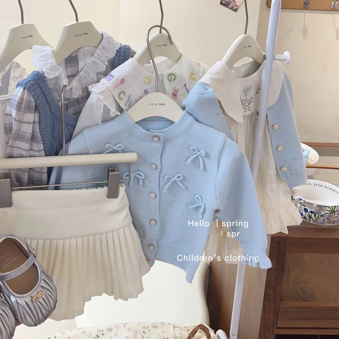 奶油家2025春秋新款女童蝴蝶结针织开衫毛衣外套甜美宝宝甜美上衣