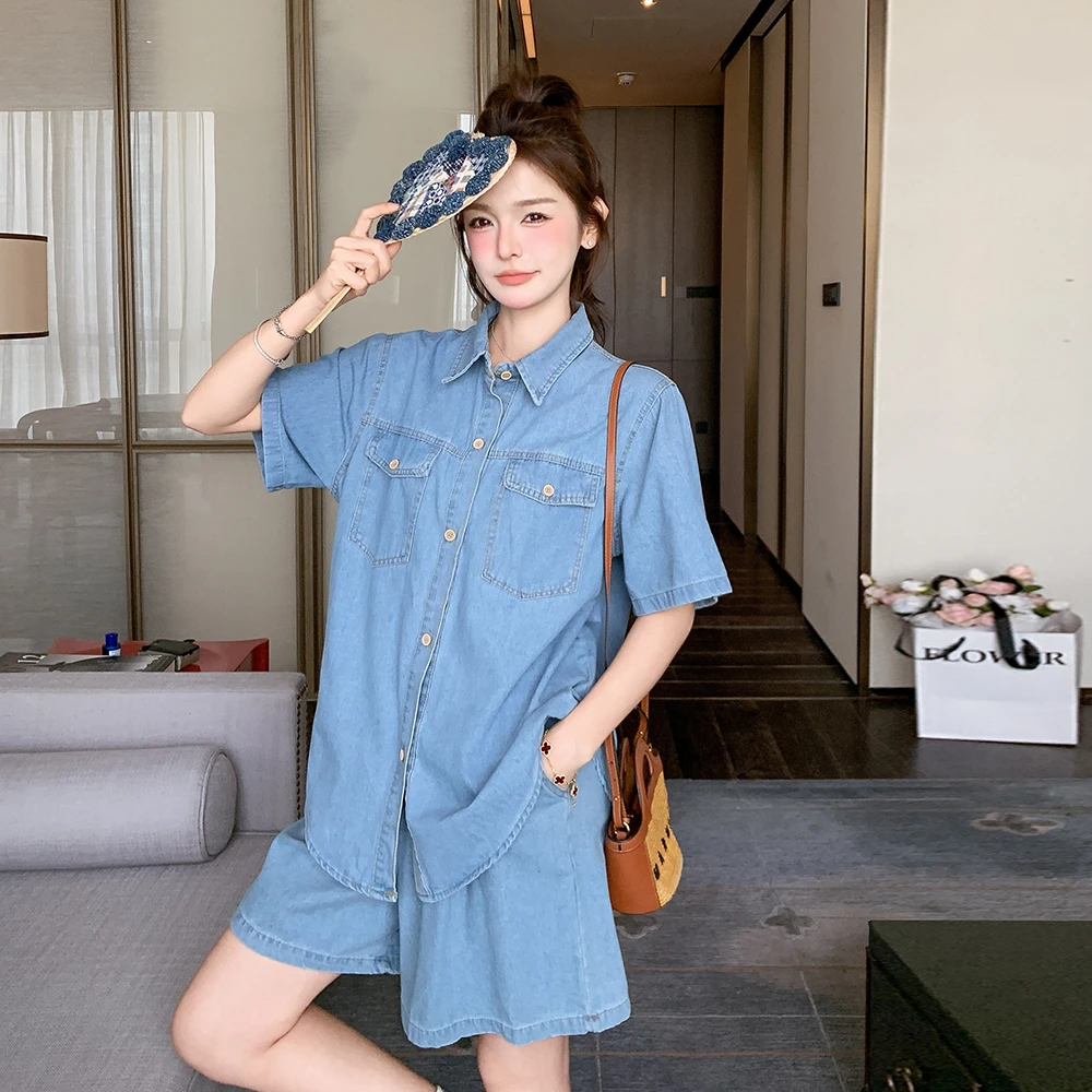 甜酷风复古牛仔衬衫短裤套装女2025夏季新款气质休闲小个子两件套