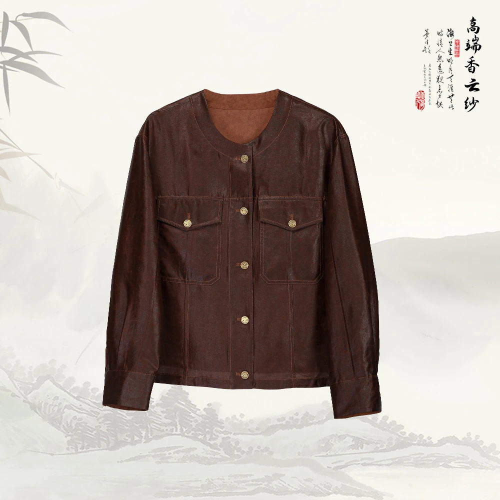 新款香云纱气质圆领排扣高端复古长袖宽松外套539958