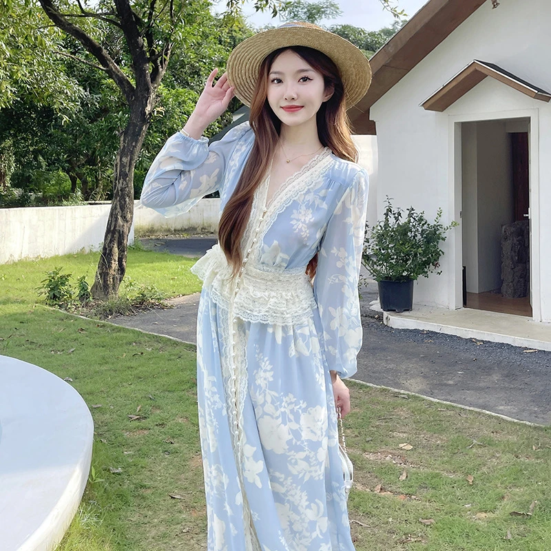 女神爱意之约花边蕾丝连衣裙女重工珍珠扣长裙收腰法式显瘦裙子女