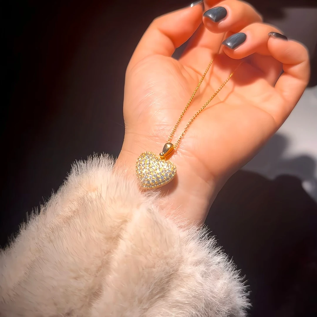 坠链均925银合成锆石 S925银【三宝】满钻双面拉丝爱心项链