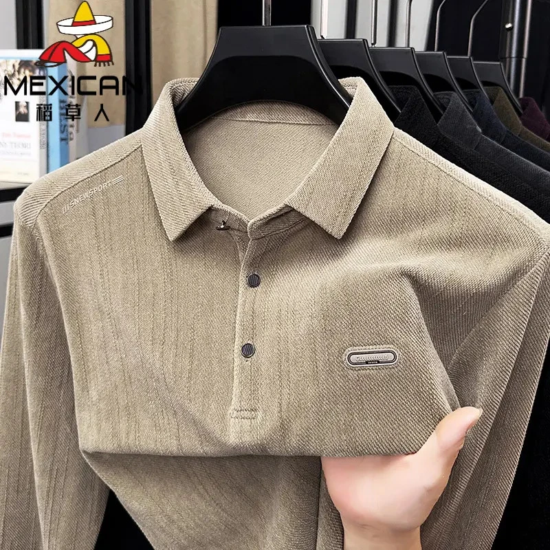 稻草人男士商务休闲长袖polo衫秋季新款简约百搭翻领T恤打底上衣