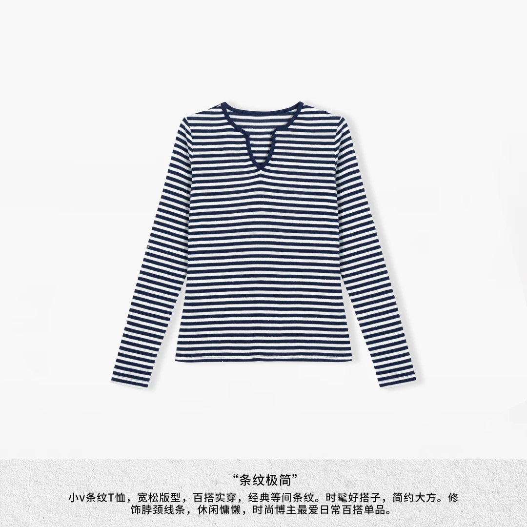薇姐私服 条纹V领经典简约舒适长袖上衣LSS240996Y