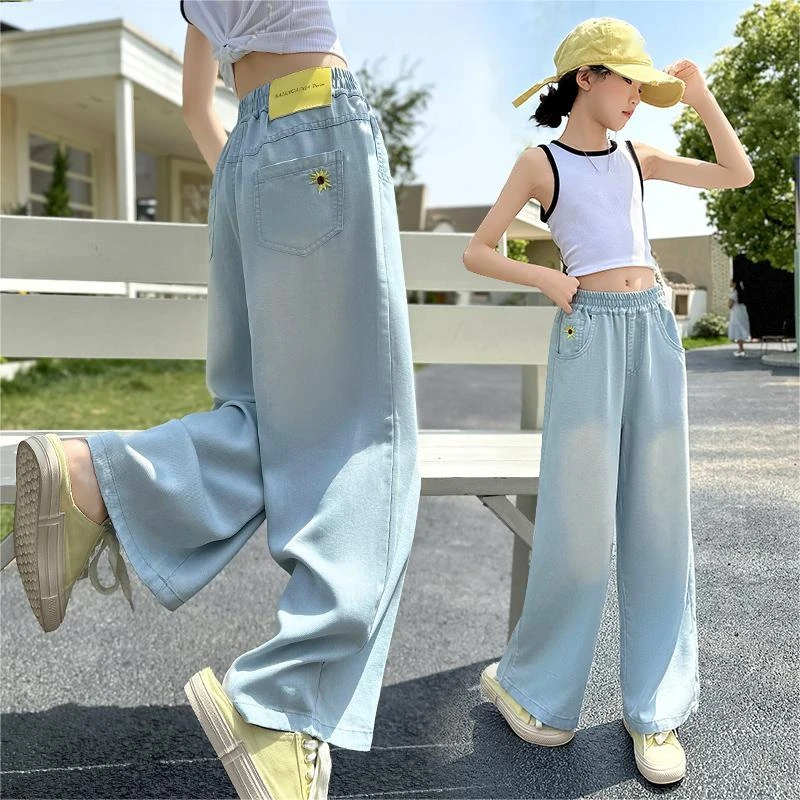 女童轻薄款牛仔裤夏季新款花朵刺绣天丝阔腿裤中大童休闲宽松长裤