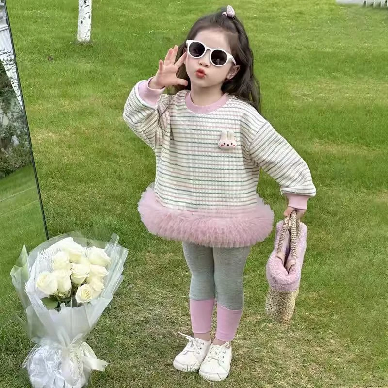 52099女童兔耳朵条纹卫衣连衣裙春秋季2025新款女宝蛋糕公主裙子