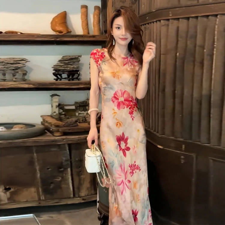 新中式旗袍粉色印花连衣裙高级感女大方得体夏日绝美长裙子显身材