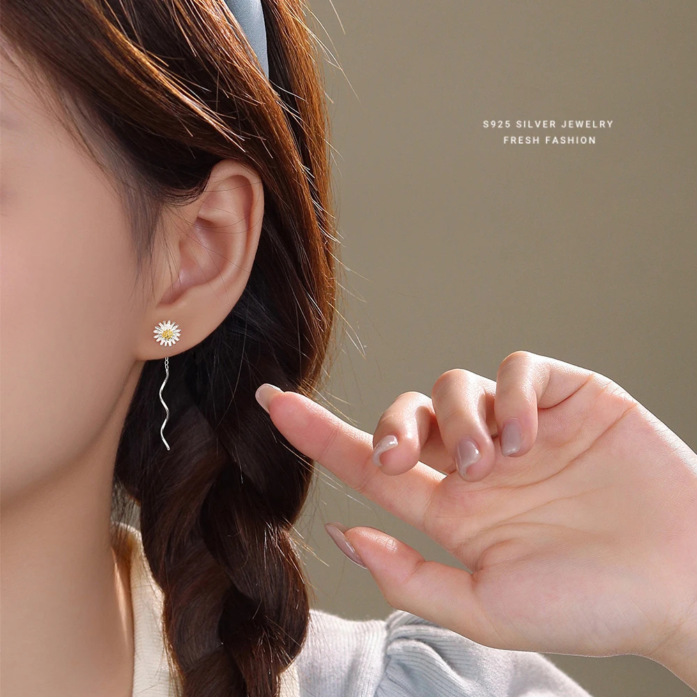 925银耳饰 小雏菊耳线女纯银简约森系小清新百搭流苏耳钉花朵耳环