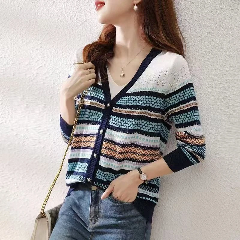 L-0901-1000 LL女装小香风气质长袖针织时尚百搭条纹拼色轻奢