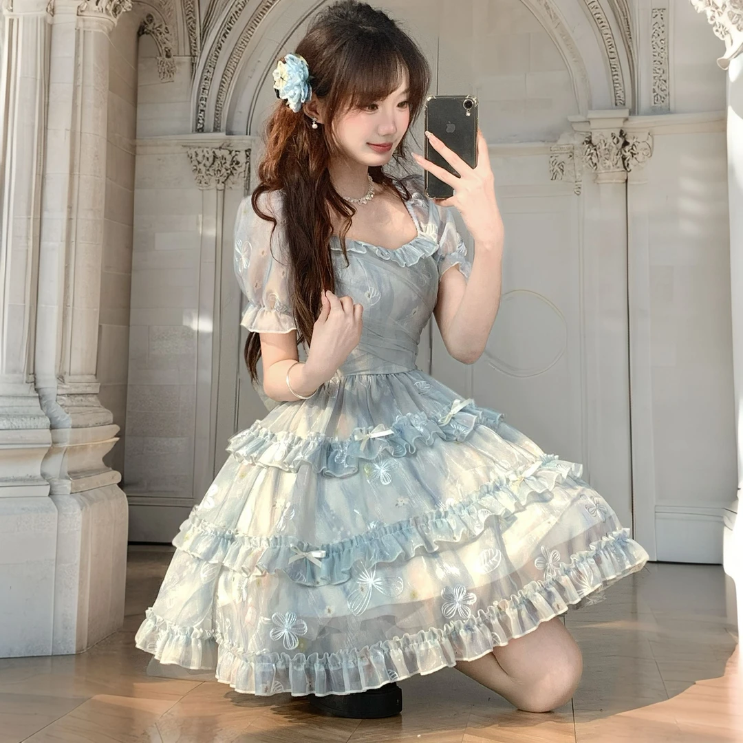 Blovelan雾兰之境 甜美少女感蝴蝶结方领芭蕾风蓬蓬短袖连衣裙
