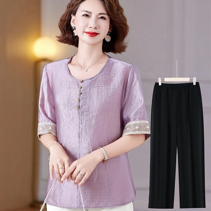 妈妈夏装新款套装新中式时尚中老年女装T桖+裤子婆婆国风两件套装