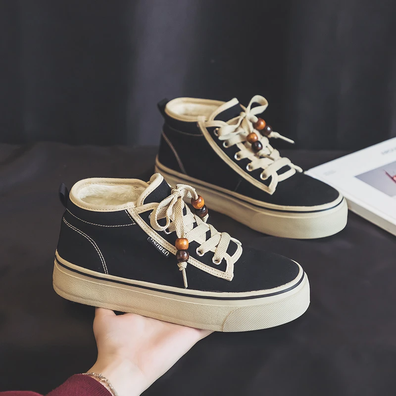 人本加绒帆布鞋女2025冬季新款韩版高帮休闲板鞋保暖厚底棉鞋秋冬