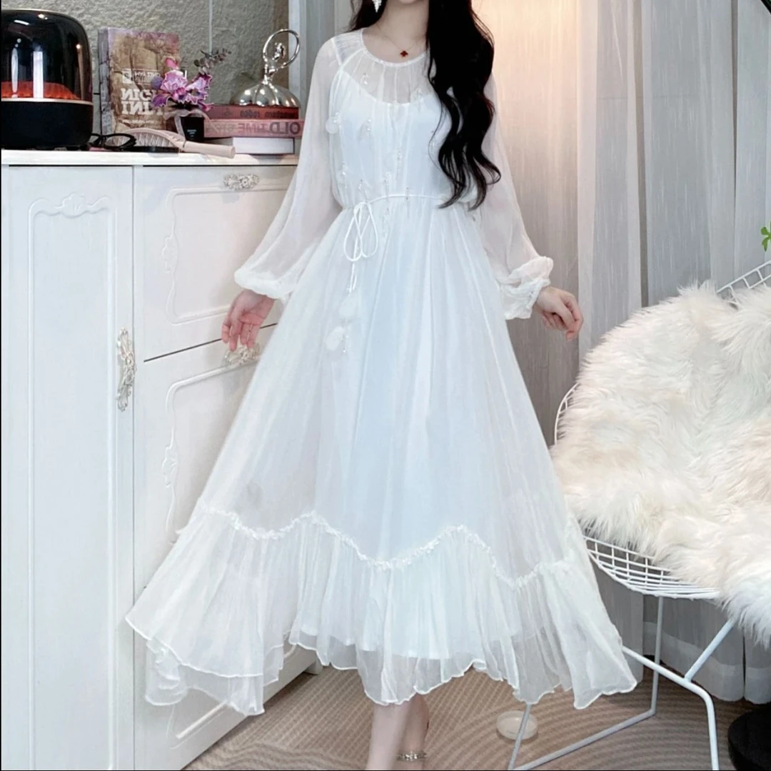 【SY】白色高端百搭钉珠两件套连衣裙桑蚕丝长款裙子2025秋气质款