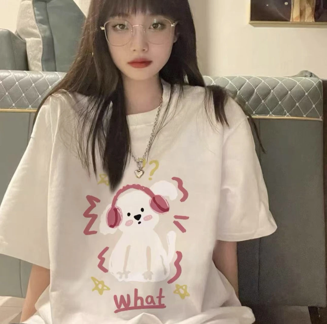 夏季短袖休闲上衣男女同款圆领印花T恤 白狗