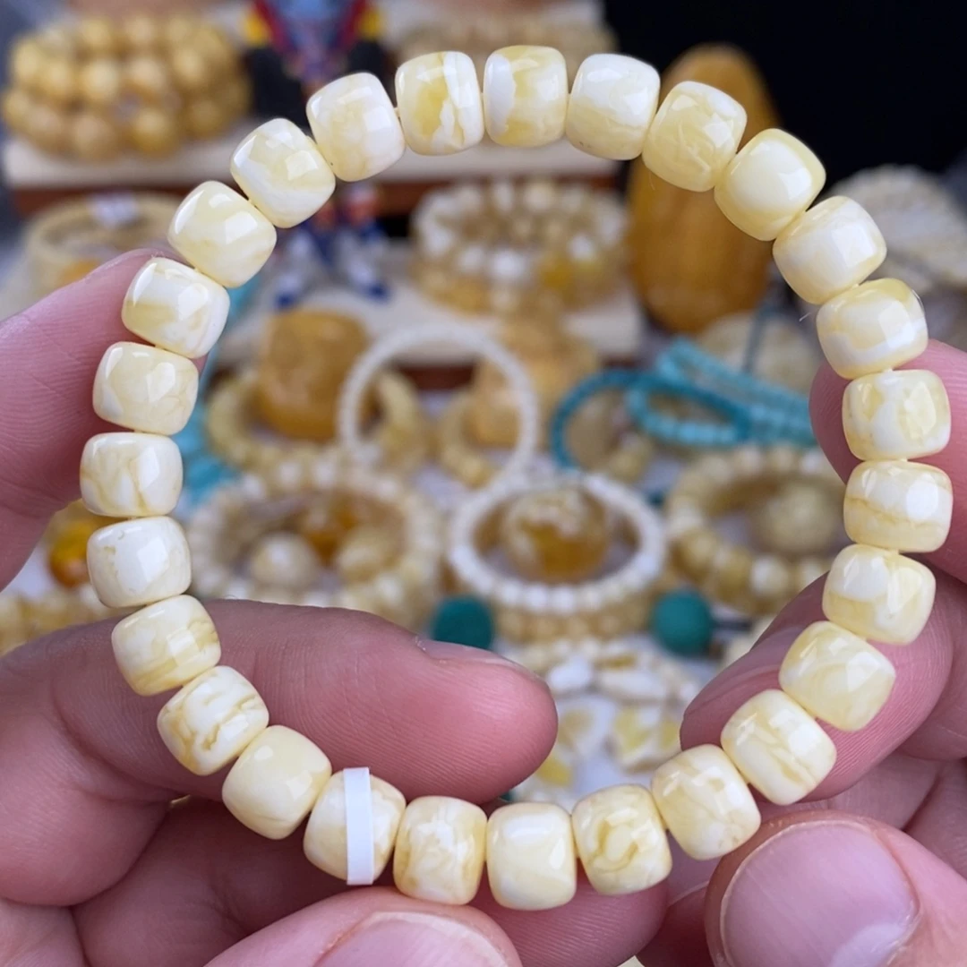 蜜蜡未镶嵌手链瓷白细纹白底虎皮纹8.5mm