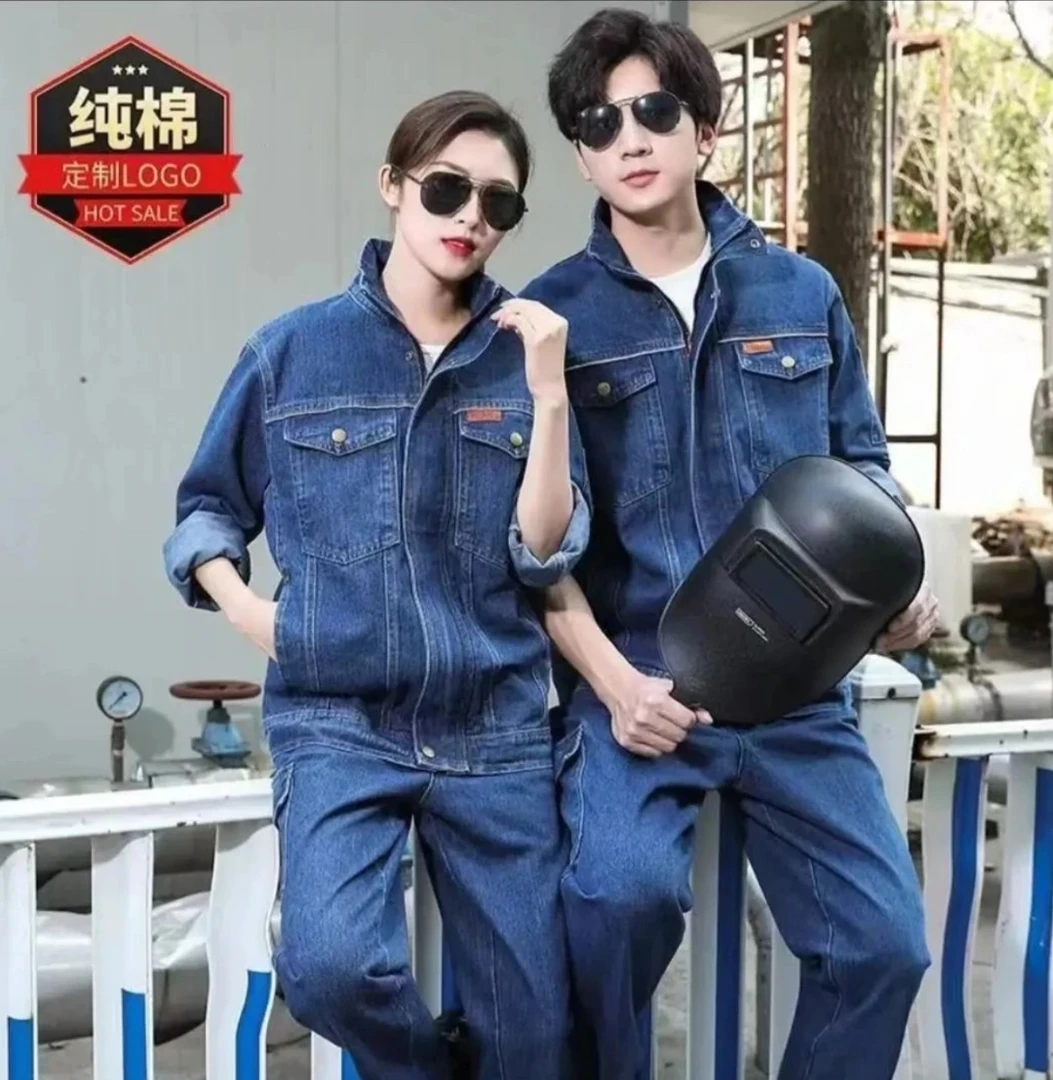 纯棉加厚电焊工防烫男牛仔工作服工装耐脏耐磨防火花长袖蓝色上衣