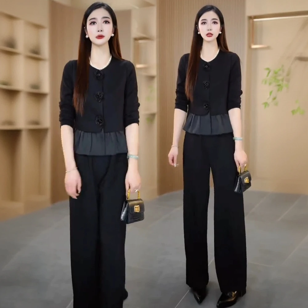 春秋流行时尚套装女2025新款圆领上衣阔腿裤两件套洋气小香风套装