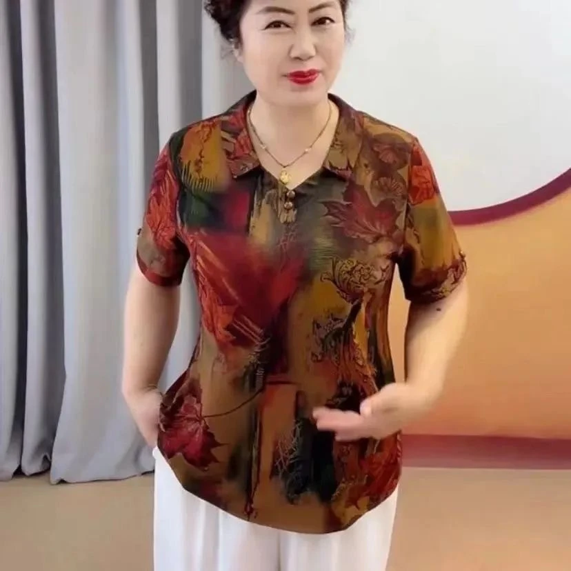A夏季新款中年妈妈加肥加大宽松小翻领气质墨染枫叶减龄小上衣