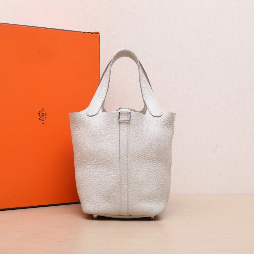 95新 Hermes/爱马仕 【双双特价】18 菜篮子 8L冰川白 TC皮 U刻