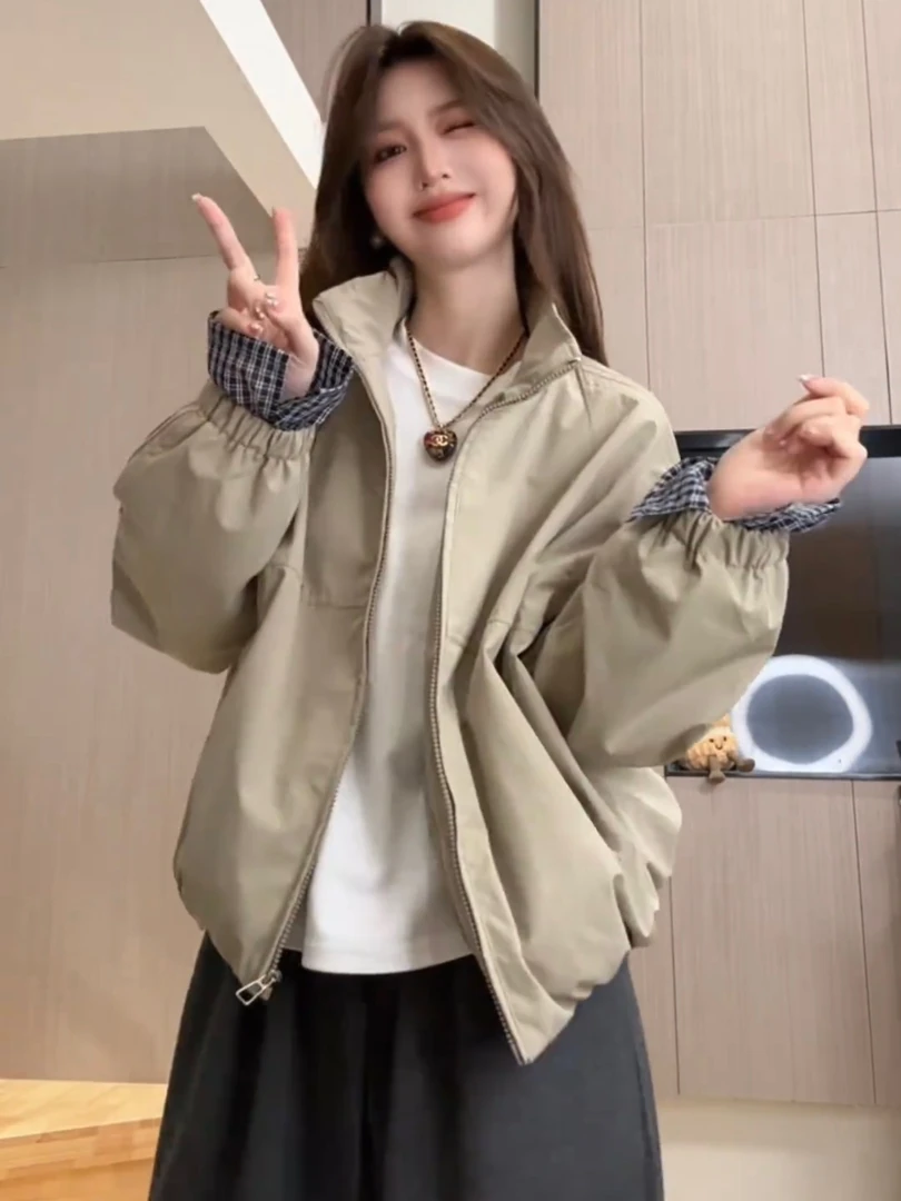 韩版拼接袖立领短款棒球服外套女2025秋季新款休闲宽松夹克上衣潮