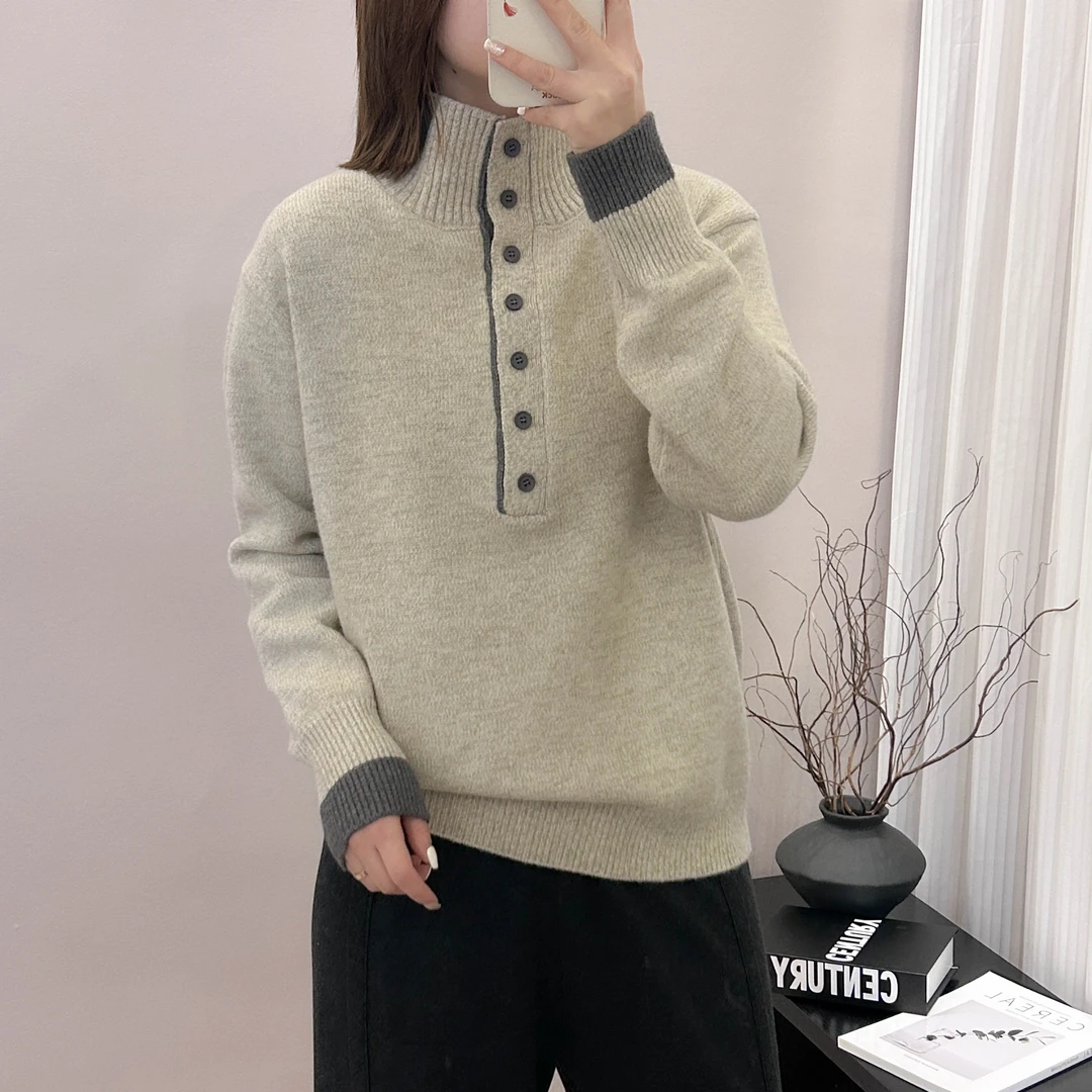 撞色半高领半开门襟纽扣针织打底衫秋冬季新款上衣宽松韩版毛衣女
