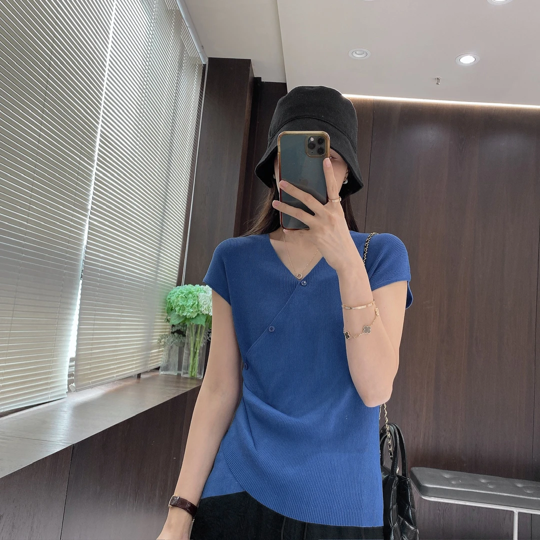 IMFLY金小金自制女装 针织衫DYW9188春夏设计感交叉V领针织短袖女