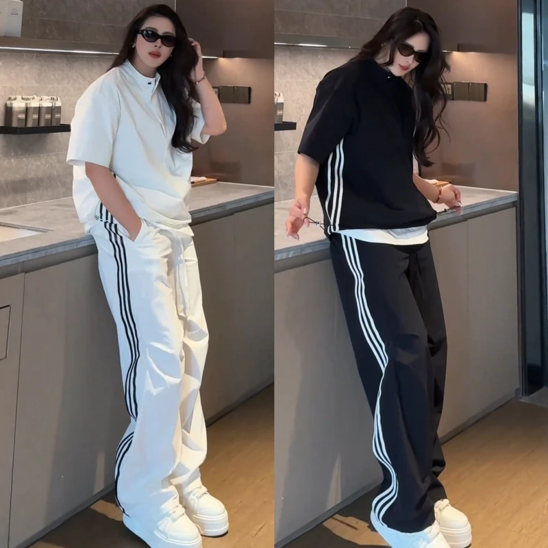 【北木服饰】夏季潮流条纹宽松直筒百搭男士T恤运动长裤休闲裤套装