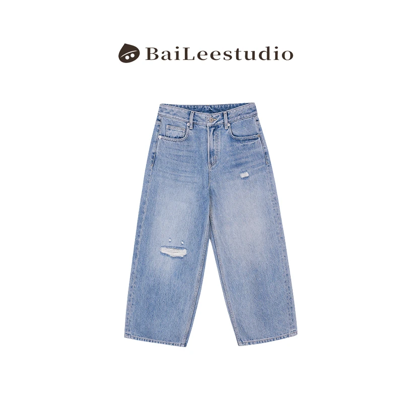 【柏栗良品】2025夏季新品~韩范水洗磨破直筒百搭牛仔裤5992