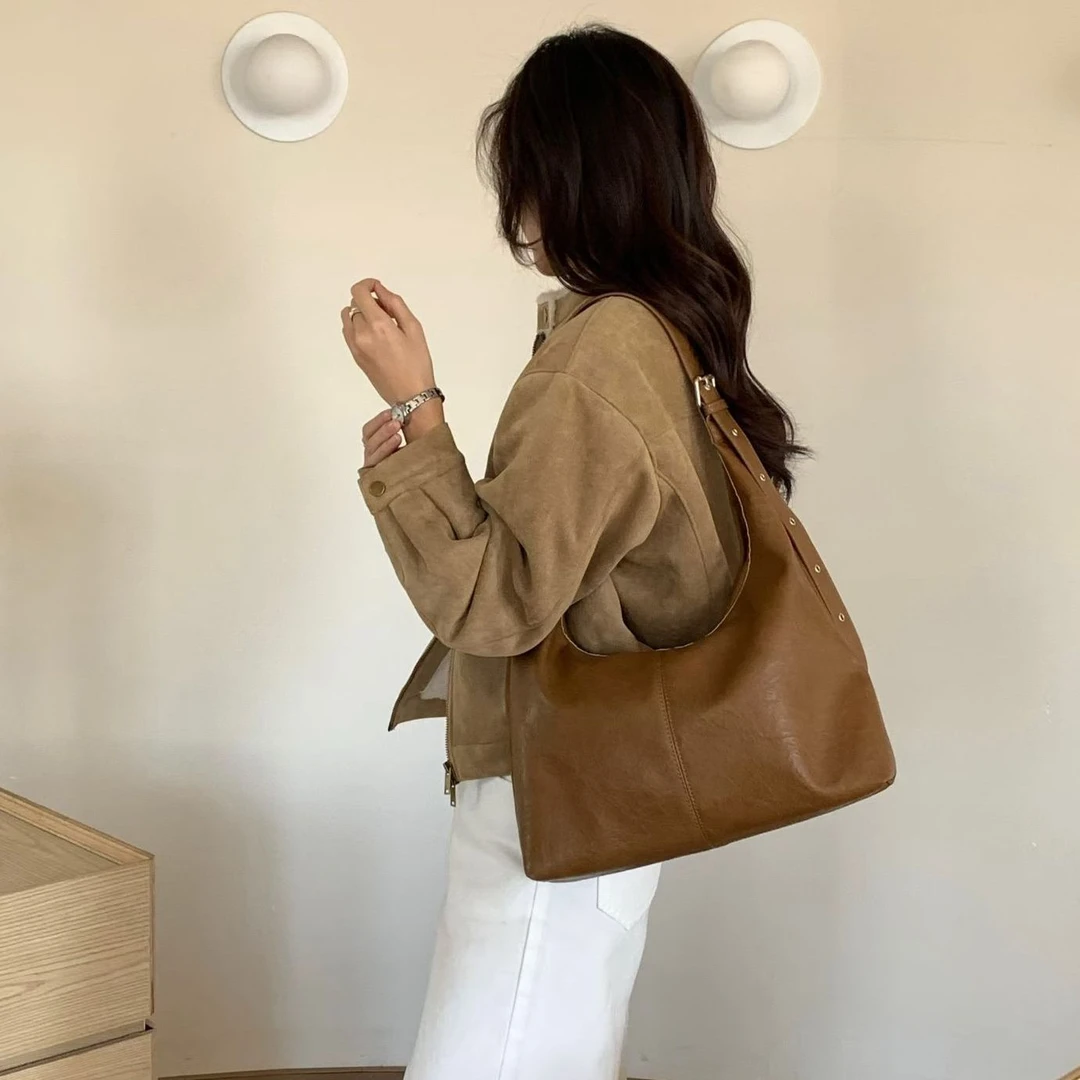 竹笋喵喵 纯色复古双面单肩包女2025新秋冬简约美拉德拉链斜挎包