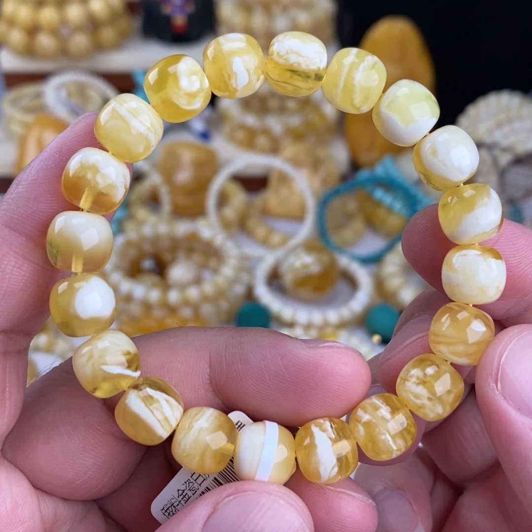 蜜蜡未镶嵌手链金瓷白溶洞妖花10.6mm超高桩