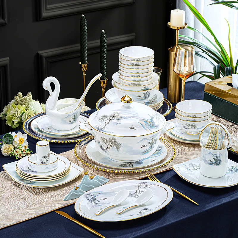 景德镇碗碟套装家用轻奢高级感陶瓷碗盘子组合乔迁礼物骨瓷餐具