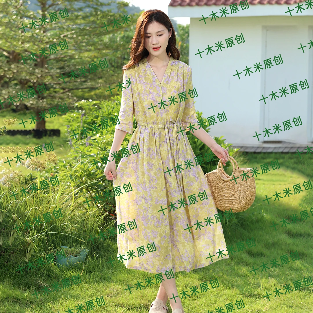 芬芳夏日/十木米原创夏款百分百苎麻印花文艺清新显瘦双层连衣裙