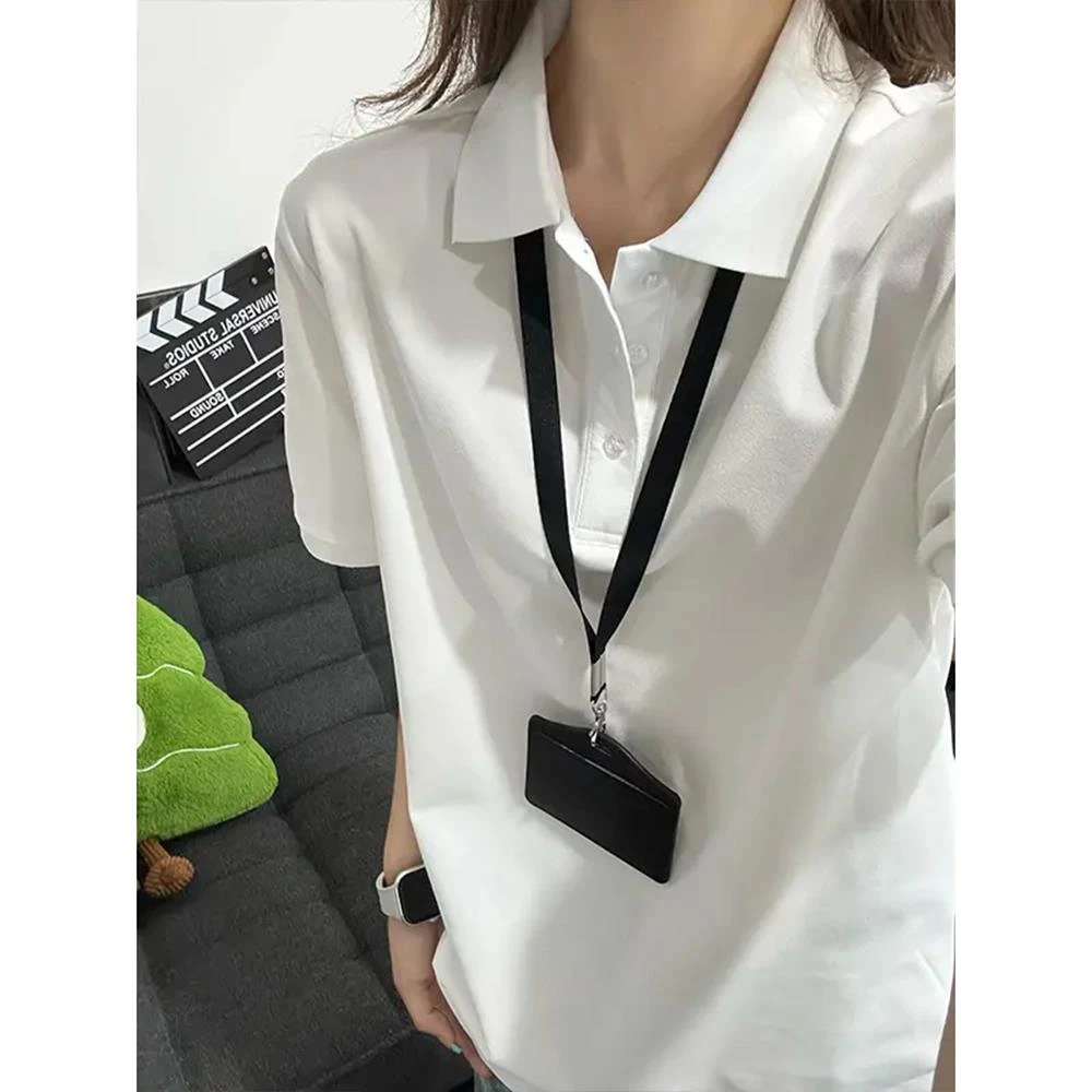 白色正肩polo衫短袖女夏季高级感宽松翻领t恤纯色基础款情侣半袖