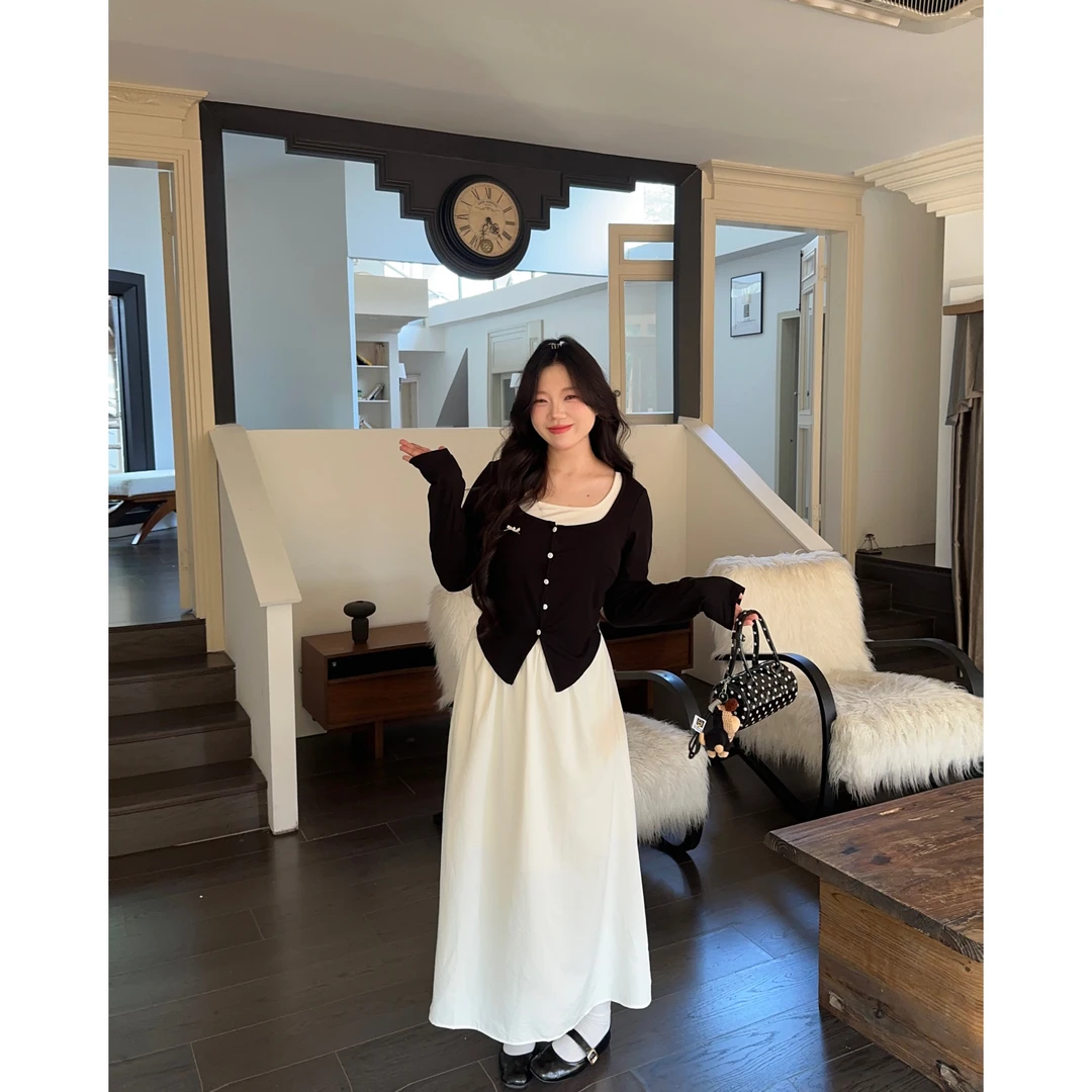 【月光圆舞曲】大头婷丫丫微胖假两件蝴蝶结撞色方领长款显瘦连衣裙