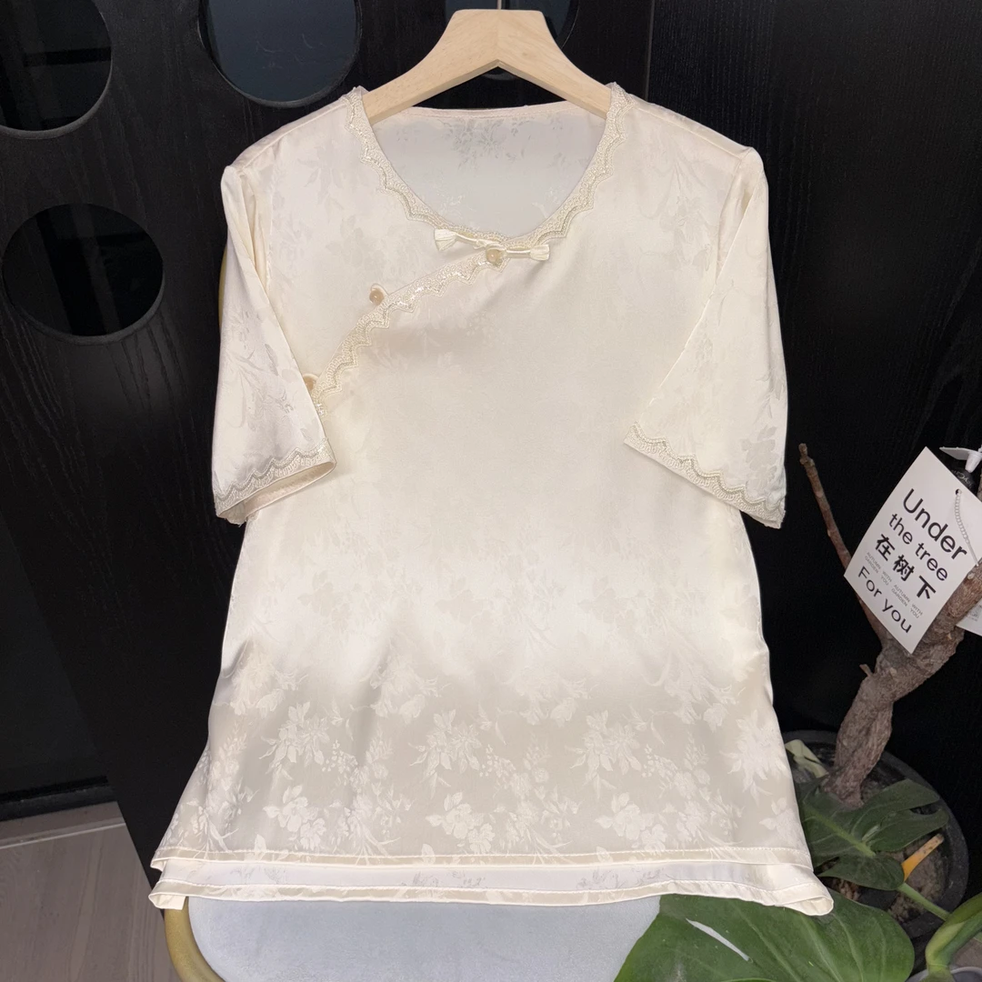“花边斜襟”短袖 T恤拼接新中式百搭白色休闲短袖夏季
