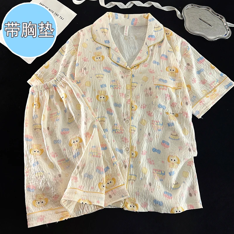 带胸垫睡衣女夏季云朵棉短袖短裤韩版ins厨师饼饼卡通家居服套装