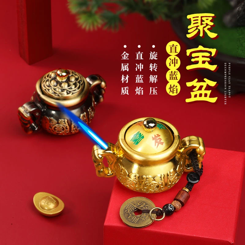 中式国潮金属旋转解压聚宝盆男士高档创意直冲防风打火机网红新款